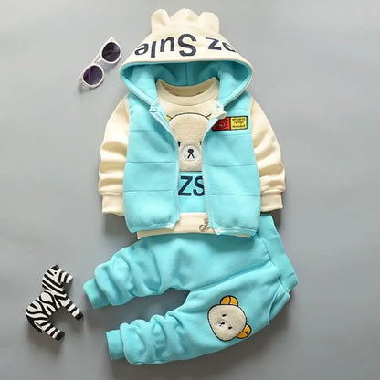 Baby Autumn Winter Clothing Set Boys Girls Hooded Cartoon Bear Thick Velvet 3-Piece Suit 0-4Y