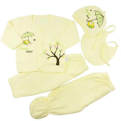 Newborn Baby 5PCS Clothes Set Shirt Pant Bib Hat Infant Girl Boy Outfit