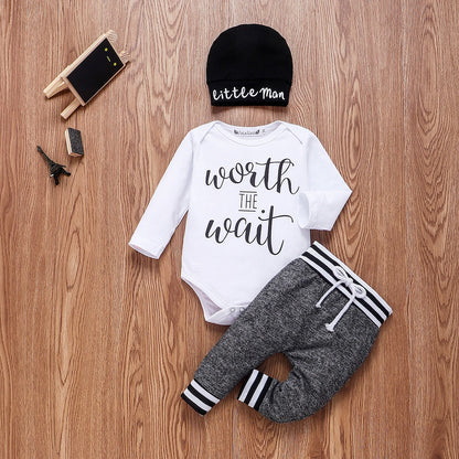 Baby Boy Clothes 0-18M Cotton Romper + Pants + Hat 3PCS Infant Outfit