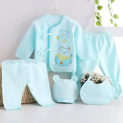 Newborn Baby 5PCS Clothes Set Shirt Pant Bib Hat Infant Girl Boy Outfit