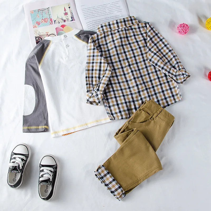 Kids Boys Plaid Coat T-Shirt Pants 3PCS Set