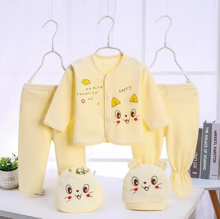 Newborn Baby 5PCS Clothes Set Shirt Pant Bib Hat Infant Girl Boy Outfit