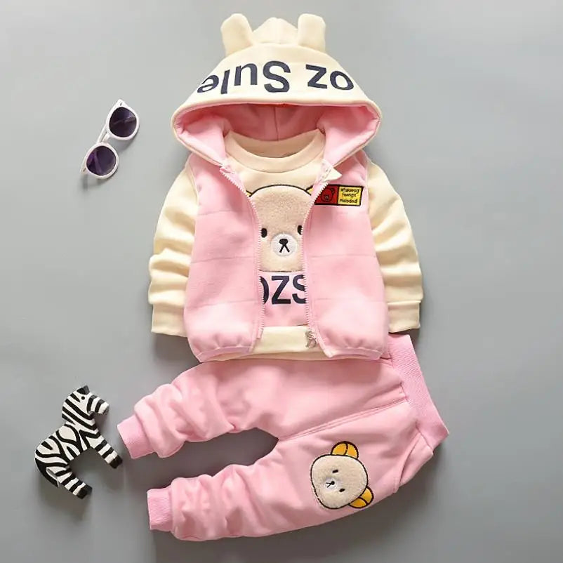 Baby Autumn Winter Clothing Set Boys Girls Hooded Cartoon Bear Thick Velvet 3-Piece Suit 0-4Y