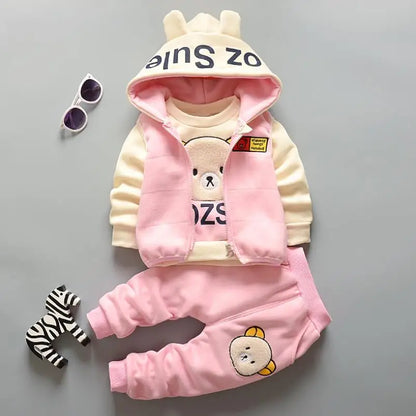 Baby Autumn Winter Clothing Set Boys Girls Hooded Cartoon Bear Thick Velvet 3-Piece Suit 0-4Y