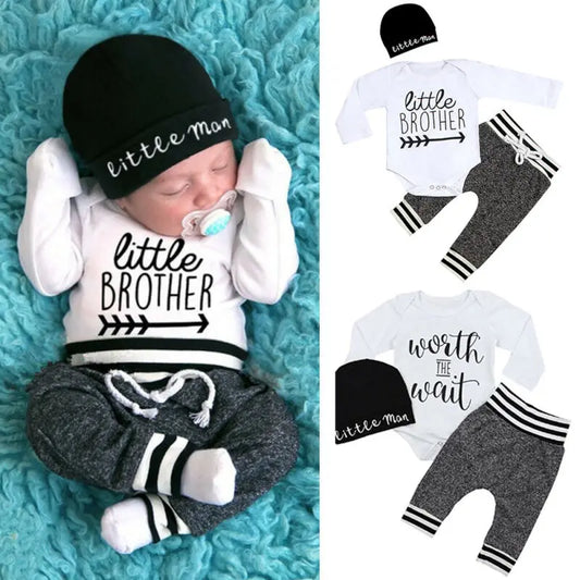 Baby Boy Clothes 0-18M Cotton Romper + Pants + Hat 3PCS Infant Outfit