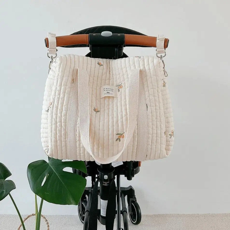 Baby Zipper Diaper Handbag Cotton Bag with Cute Bear Embroidery