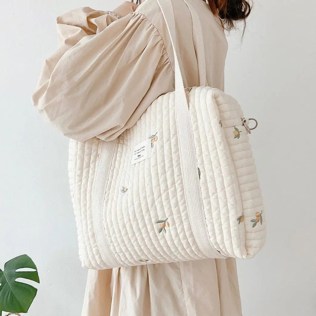 Baby Zipper Diaper Handbag Cotton Bag with Cute Bear Embroidery