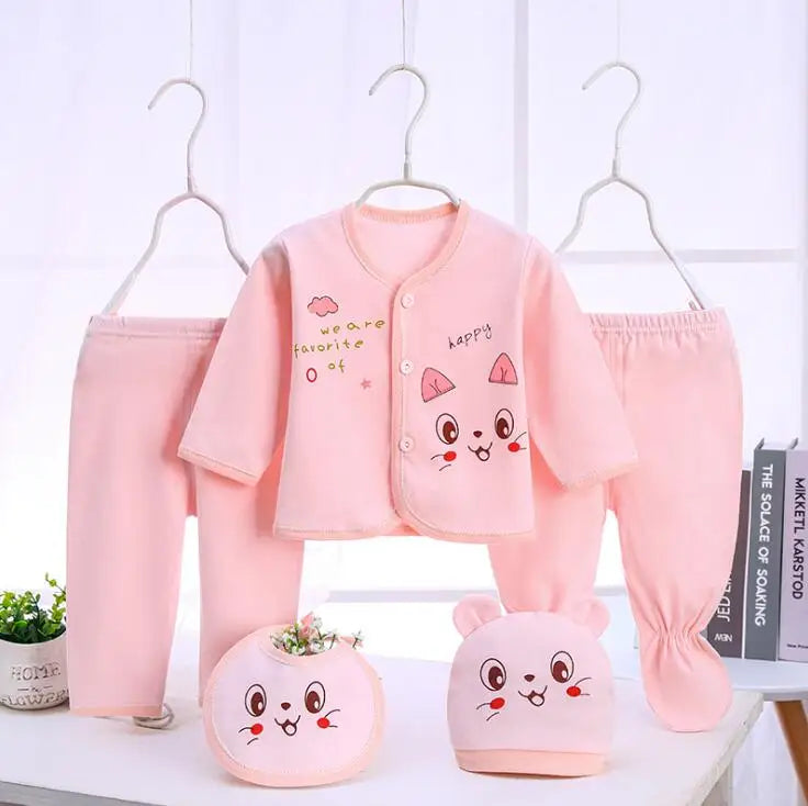 Newborn Baby 5PCS Clothes Set Shirt Pant Bib Hat Infant Girl Boy Outfit