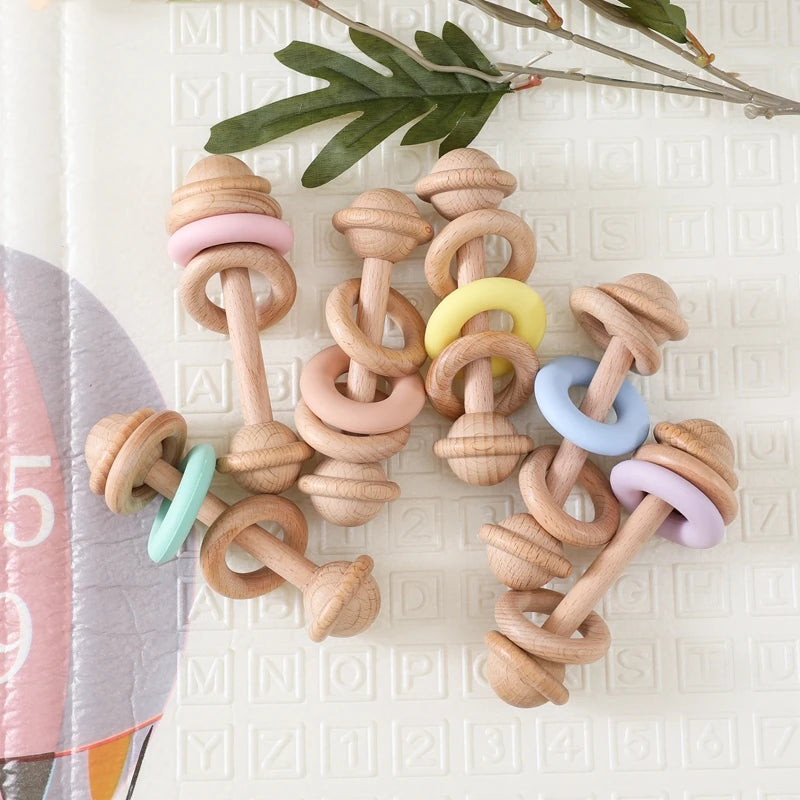 Baby Wooden Rattles Silicone Ring Teether 0-12M Sensory Toys Baby Gifts