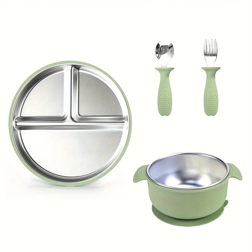 Mother Baby 3-Piece Feeding Set Stainless Steel Silicone Plate Bowl Fork Spoon Baby Food Supplement
