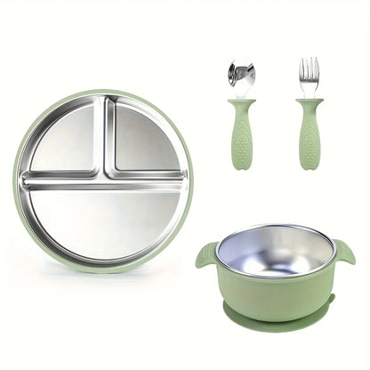 Mother Baby 3-Piece Feeding Set Stainless Steel Silicone Plate Bowl Fork Spoon Baby Food Supplement