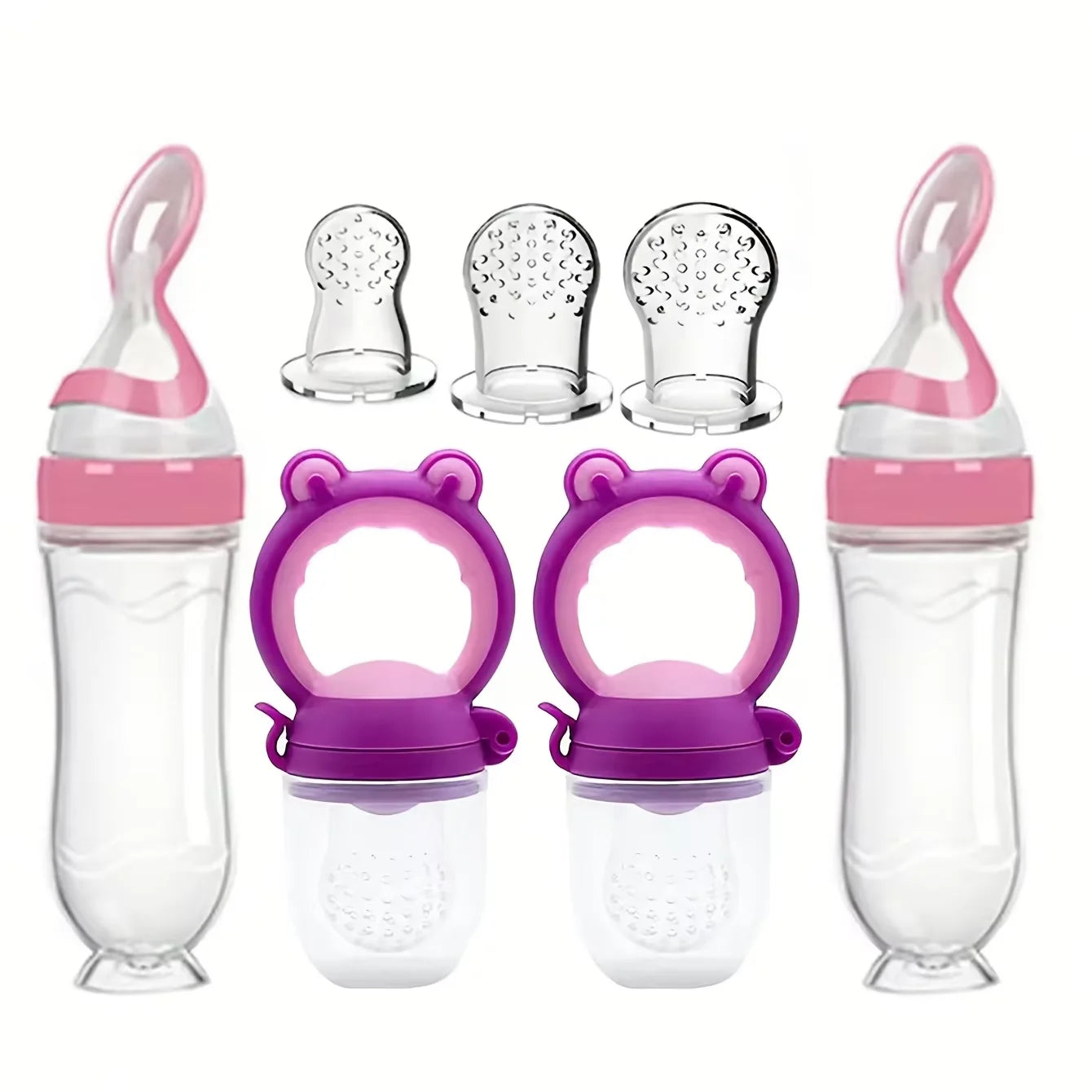 7 Pcs Baby Feeding Set Silicone Bottle with Spoon Fruit Feeder Pacifier Set