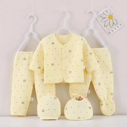 Baby Cotton Quilted 5-Piece Clothing Set Newborn Pajamas Hat & Bib