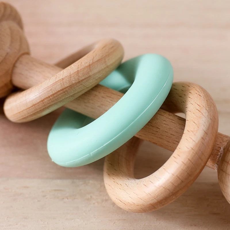 Baby Wooden Rattles Silicone Ring Teether 0-12M Sensory Toys Baby Gifts