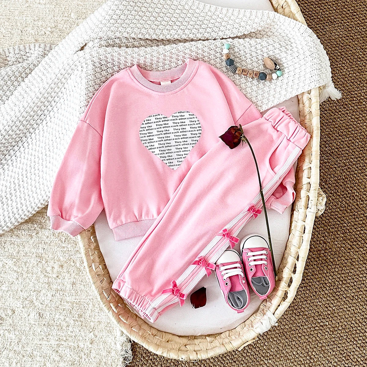 Baby Girl Outfit Set Cotton Love Sweatshirt + Bow Pants Long Sleeve Toddler Clothing