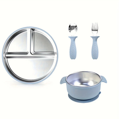 Mother Baby 3-Piece Feeding Set Stainless Steel Silicone Plate Bowl Fork Spoon Baby Food Supplement