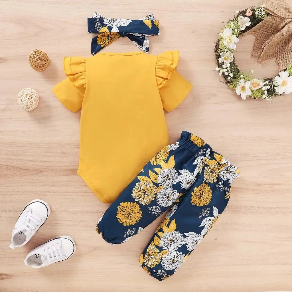 Newborn Baby Girls 3PCS Clothing Set Bodysuit Pants Headband Toddler Outfit