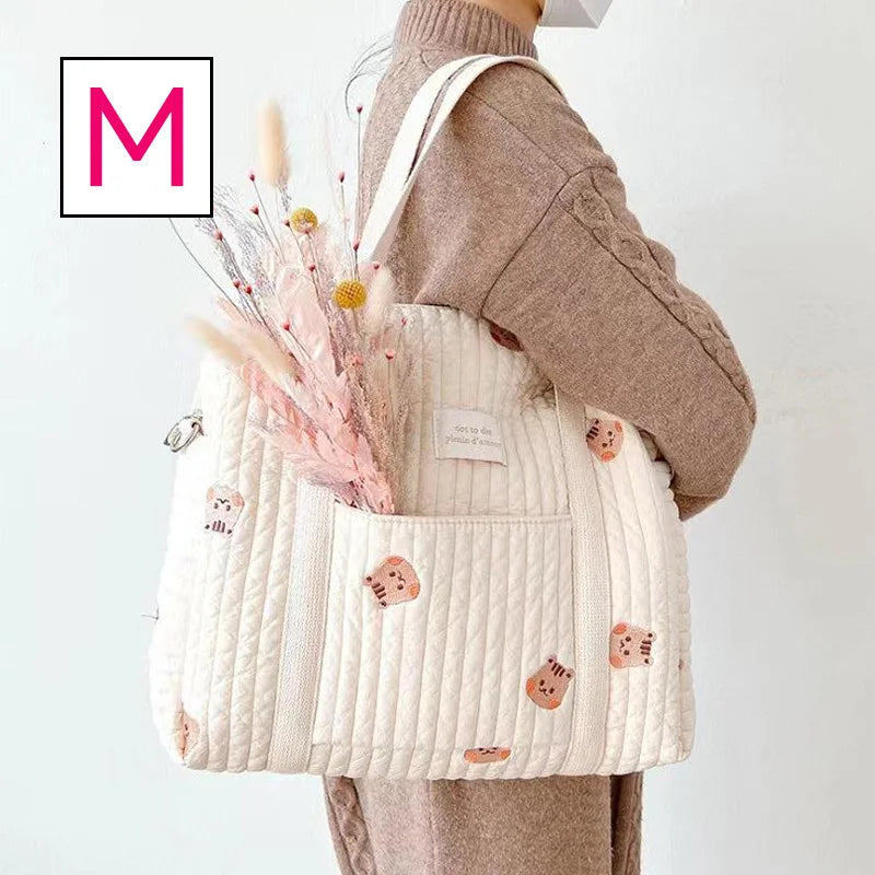 Baby Zipper Diaper Handbag Cotton Bag with Cute Bear Embroidery