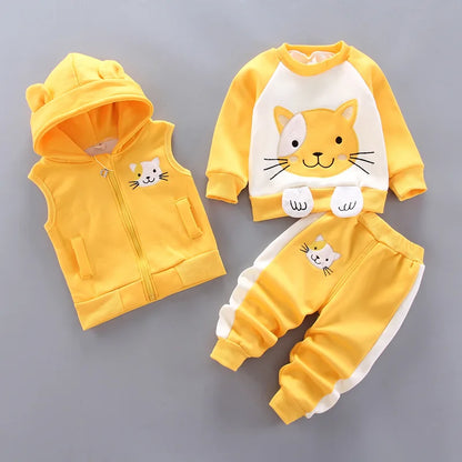 Baby Autumn Winter Clothing Set Boys Girls Hooded Cartoon Bear Thick Velvet 3-Piece Suit 0-4Y