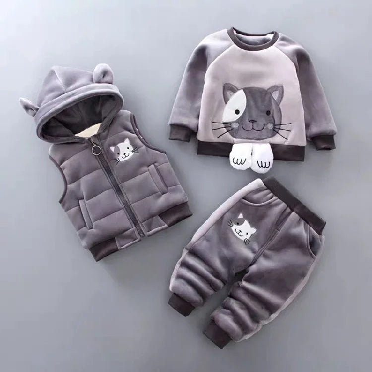 Baby Autumn Winter Clothing Set Boys Girls Hooded Cartoon Bear Thick Velvet 3-Piece Suit 0-4Y