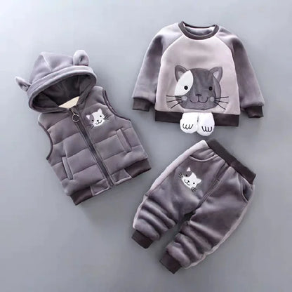 Baby Autumn Winter Clothing Set Boys Girls Hooded Cartoon Bear Thick Velvet 3-Piece Suit 0-4Y