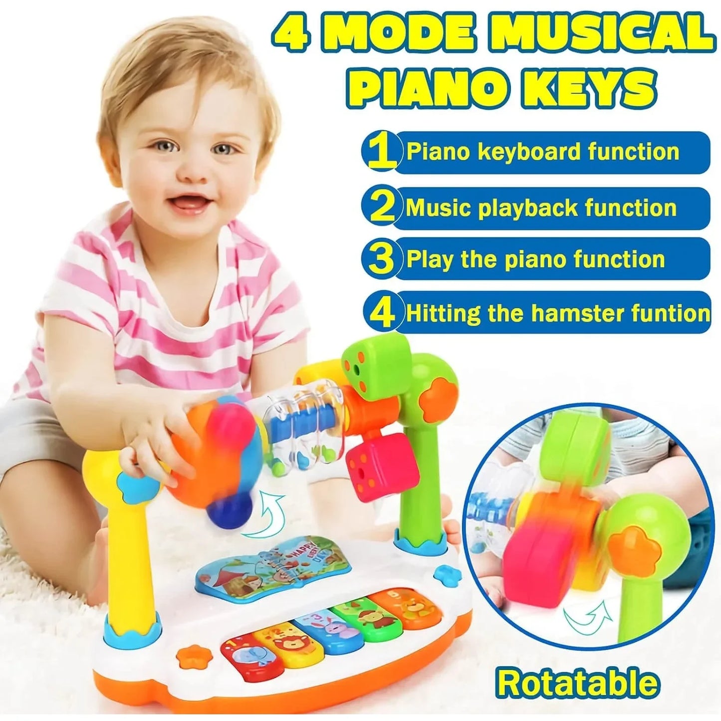 Baby Rotating Piano Toy with Lights and Sound Musical Keyboard for Toddlers