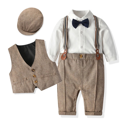 Newborn Boy Formal Clothes Set Romper Hat Vest Long Sleeve Jumpsuit