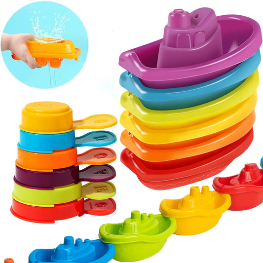 Baby Bath Stacking Boat & Spoon Toys Rainbow Color Fold Tower Early Education Gift
