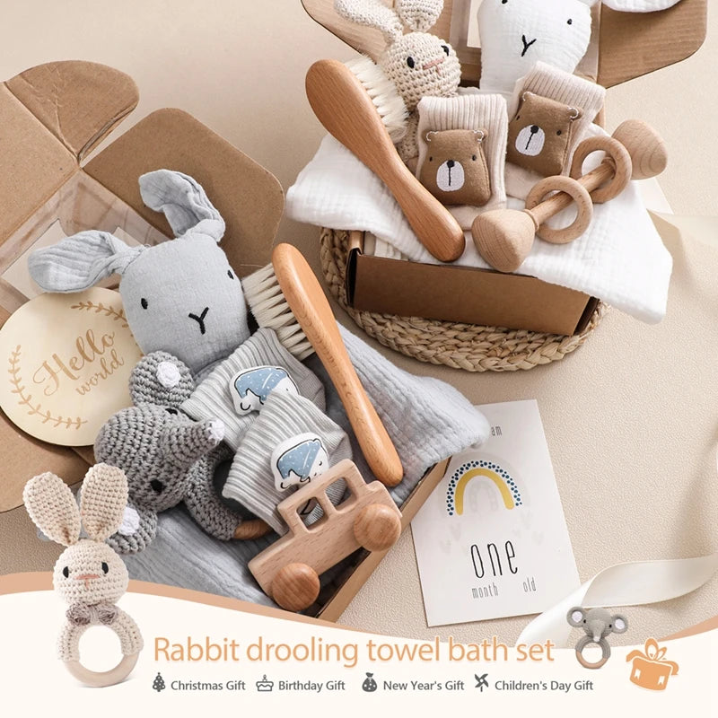 Baby Bath Toy Set Crochet Rattle Teether and Bath Brush