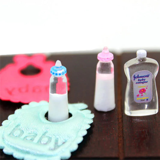 1:12 Dolls House Miniature Baby Bottles and Bibs Set
