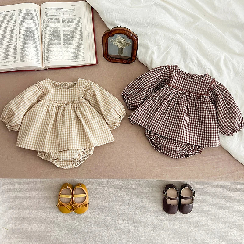 Baby Cotton Clothes Set 0-2Y Plaid Tee + Bloomer 2PCS Toddler Outfit