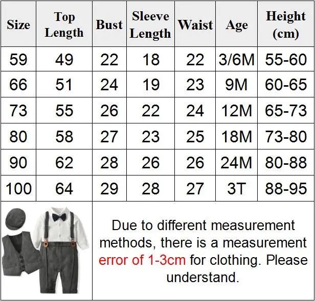 Newborn Boy Formal Clothes Set Romper Hat Vest Long Sleeve Jumpsuit