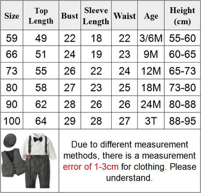 Newborn Boy Formal Clothes Set Romper Hat Vest Long Sleeve Jumpsuit