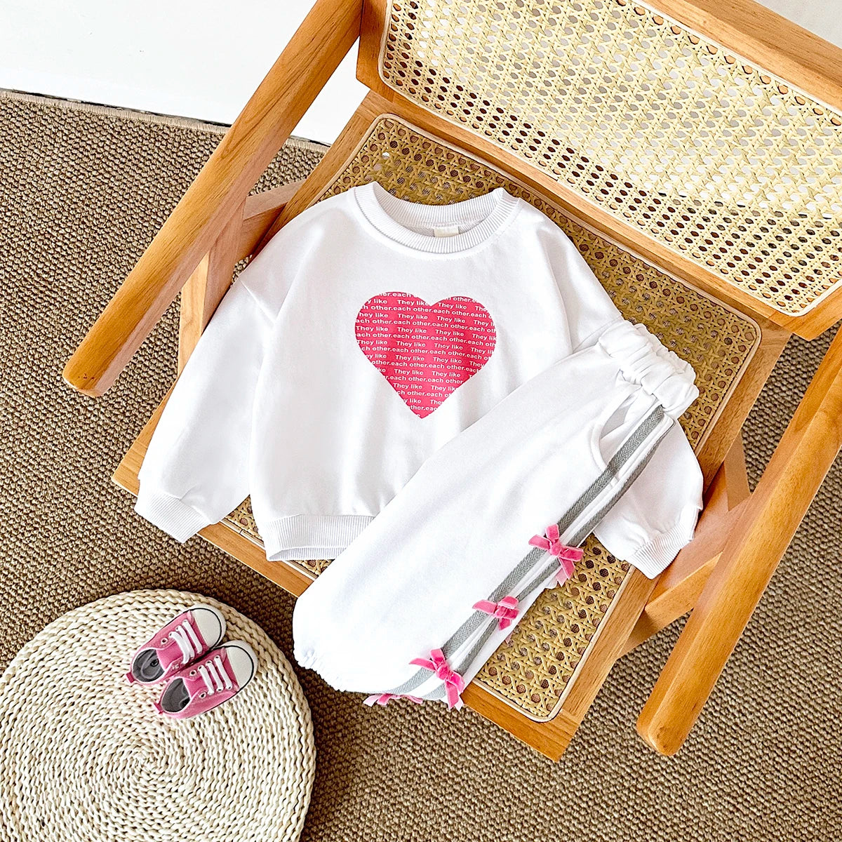 Baby Girl Outfit Set Cotton Love Sweatshirt + Bow Pants Long Sleeve Toddler Clothing