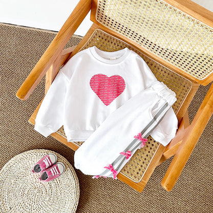 Baby Girl Outfit Set Cotton Love Sweatshirt + Bow Pants Long Sleeve Toddler Clothing