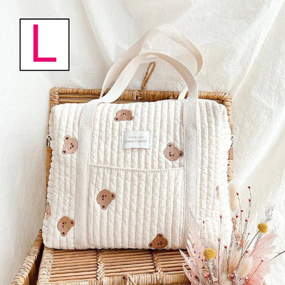 Baby Zipper Diaper Handbag Cotton Bag with Cute Bear Embroidery