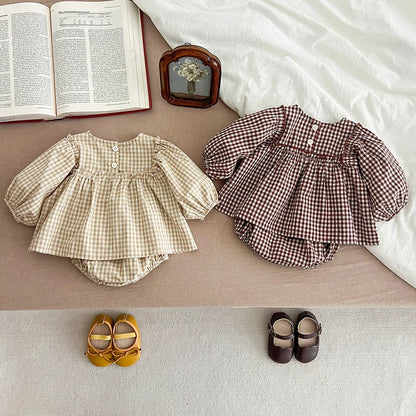 Baby Cotton Clothes Set 0-2Y Plaid Tee + Bloomer 2PCS Toddler Outfit