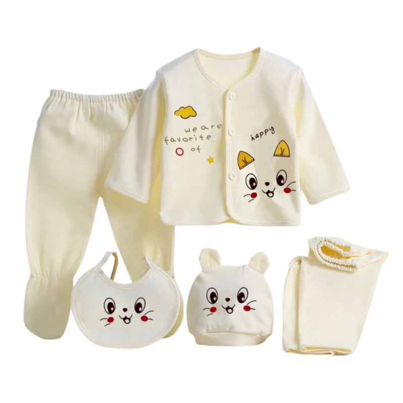 Newborn Baby Clothing Set Tops Pants Bib Hat Cotton Cartoon Print 0-3 Months