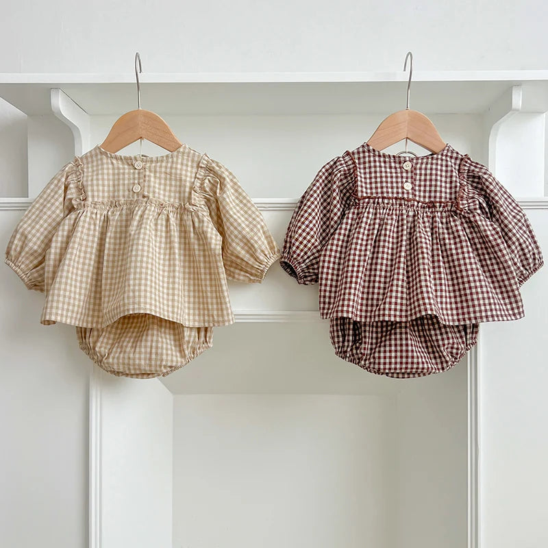 Baby Cotton Clothes Set 0-2Y Plaid Tee + Bloomer 2PCS Toddler Outfit