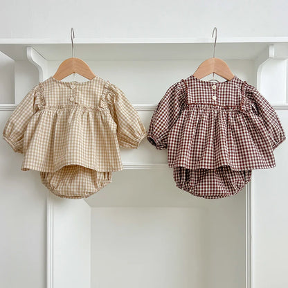 Baby Cotton Clothes Set 0-2Y Plaid Tee + Bloomer 2PCS Toddler Outfit