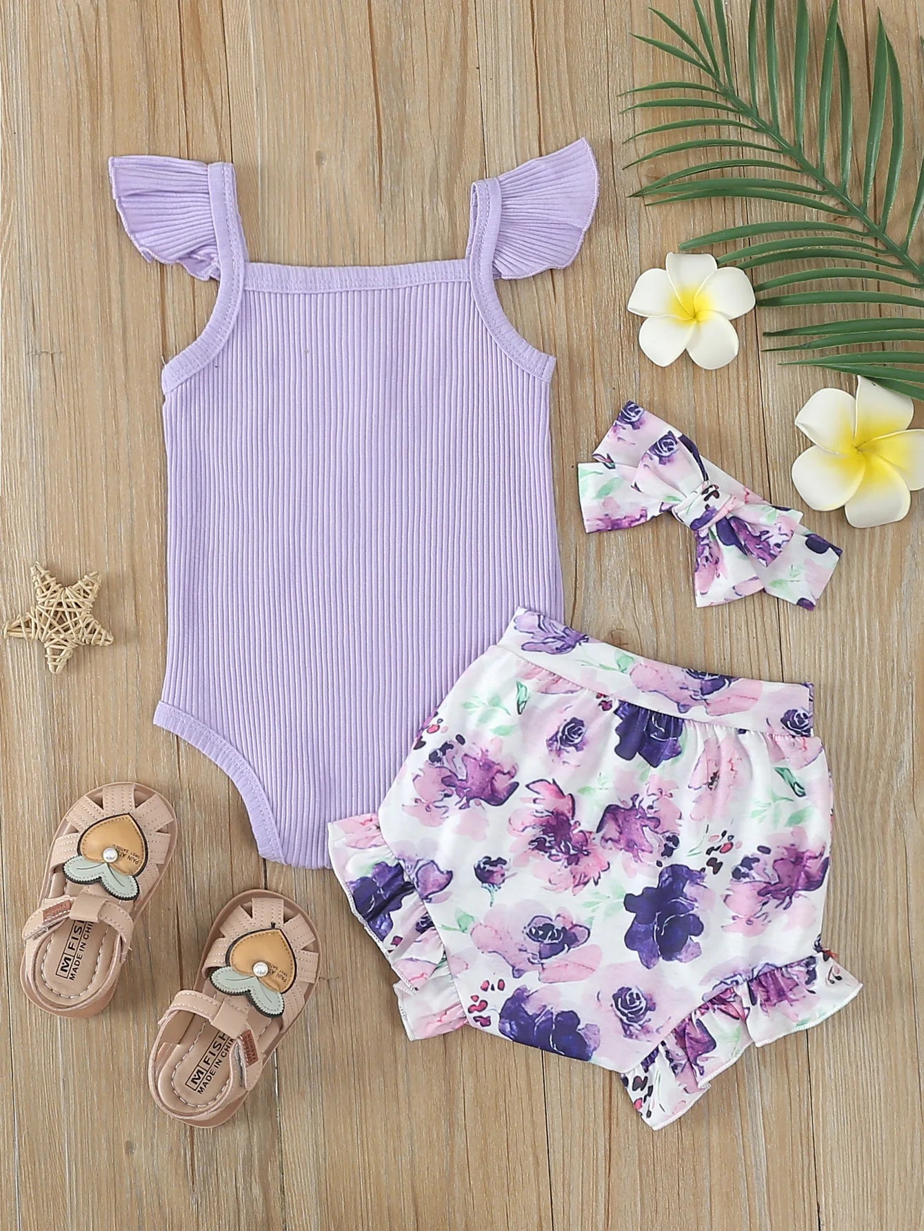 Summer Newborn Baby Girl 3PCS Set Sleeveless Bodysuit + Printed Shorts 0-1Y