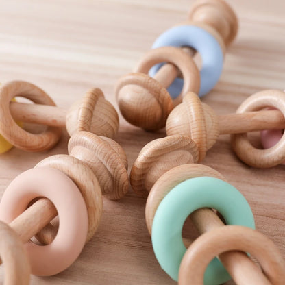 Baby Wooden Rattles Silicone Ring Teether 0-12M Sensory Toys Baby Gifts