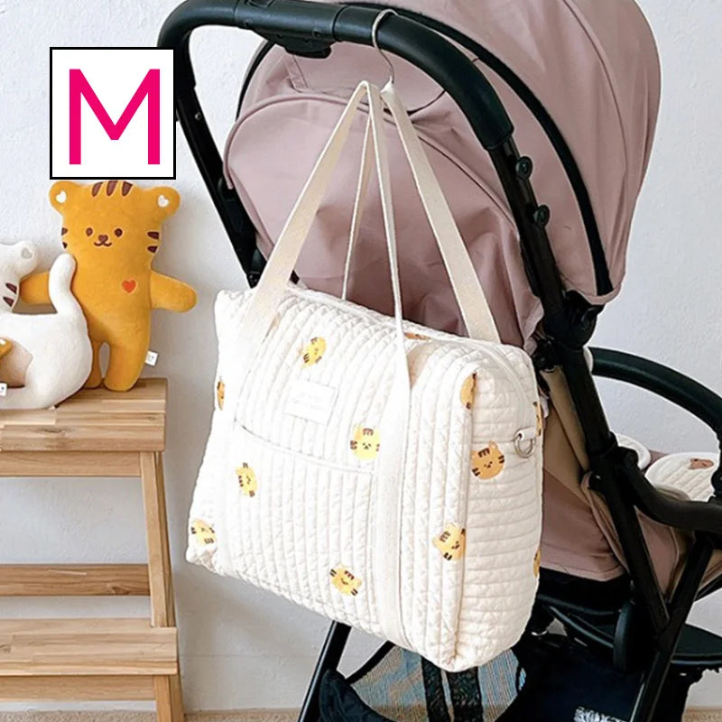 Baby Zipper Diaper Handbag Cotton Bag with Cute Bear Embroidery