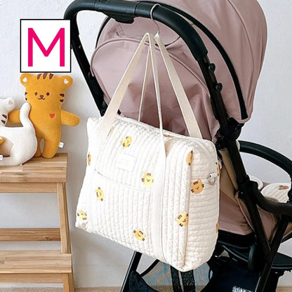 Baby Zipper Diaper Handbag Cotton Bag with Cute Bear Embroidery