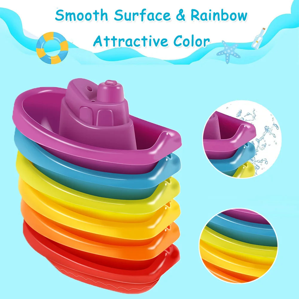 Baby Bath Stacking Boat & Spoon Toys Rainbow Color Fold Tower Early Education Gift