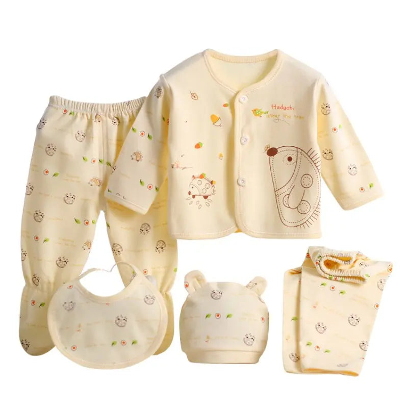 5PCS Newborn Baby Clothes Set Cotton Top Pants Hat Bibs 0-3M