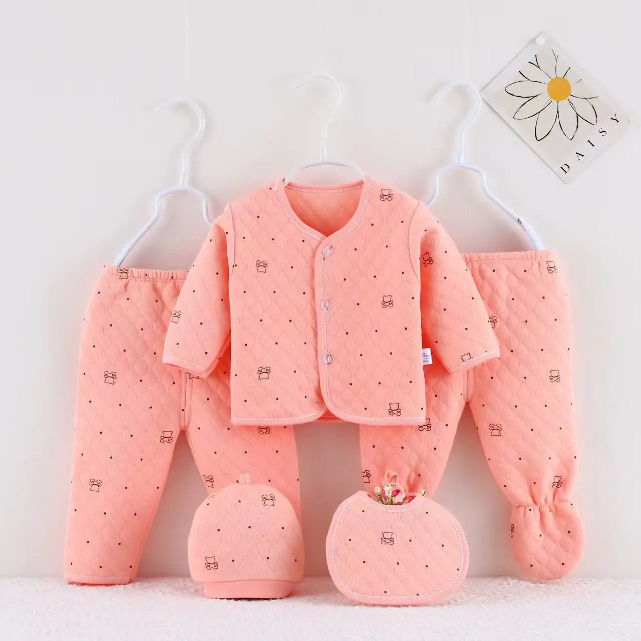 Baby Cotton Quilted 5-Piece Clothing Set Newborn Pajamas Hat & Bib