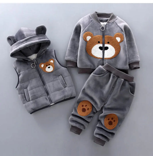 Baby Autumn Winter Clothing Set Boys Girls Hooded Cartoon Bear Thick Velvet 3-Piece Suit 0-4Y