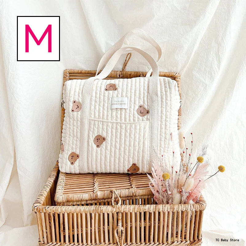 Baby Zipper Diaper Handbag Cotton Bag with Cute Bear Embroidery