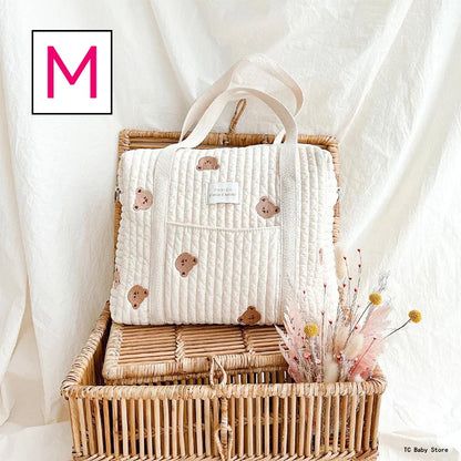 Baby Zipper Diaper Handbag Cotton Bag with Cute Bear Embroidery